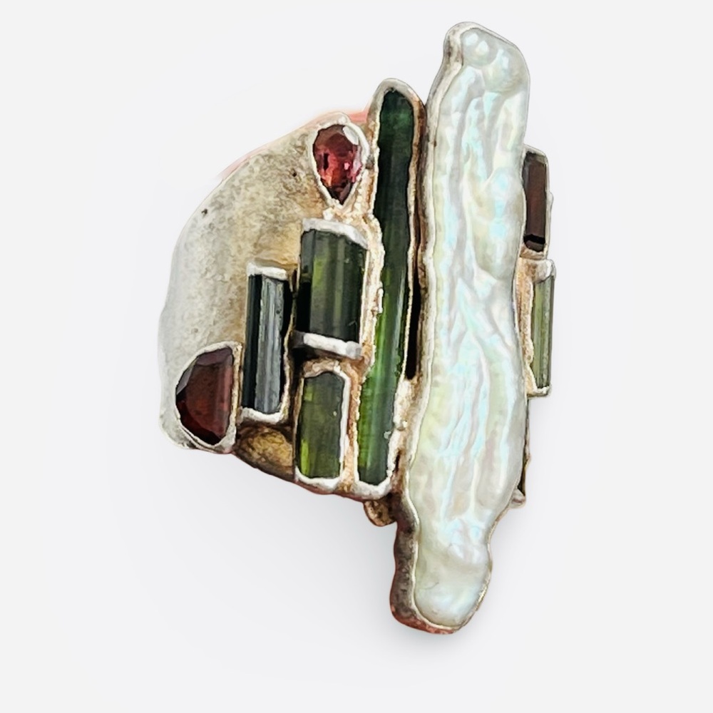 Vintage C + R 99% Pure Silver Green and Pink Tourmaline Garnet Pearl Ring Size 7